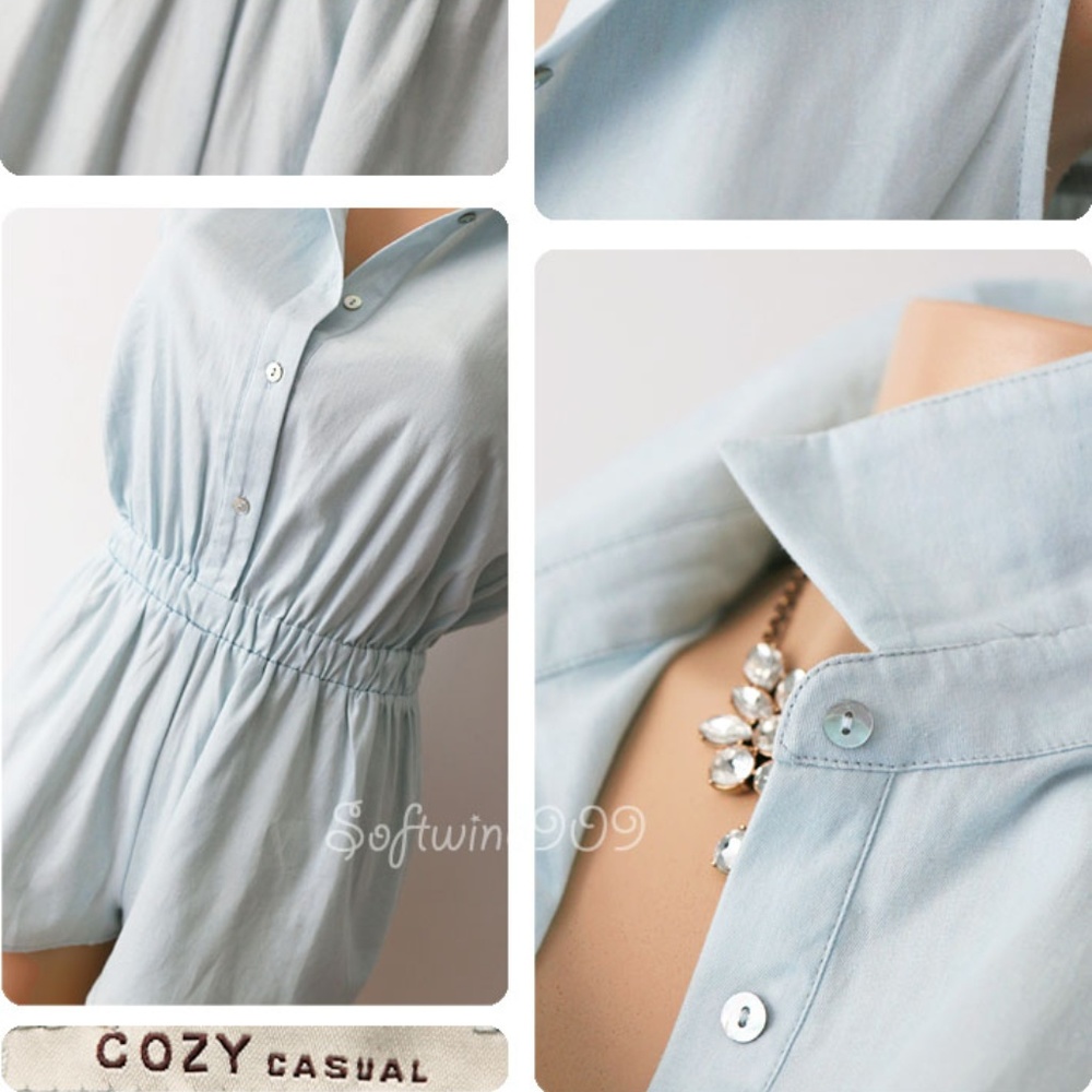 Light Blue 100% Cotton Button Up Collar Romper - Picture 5 of 8